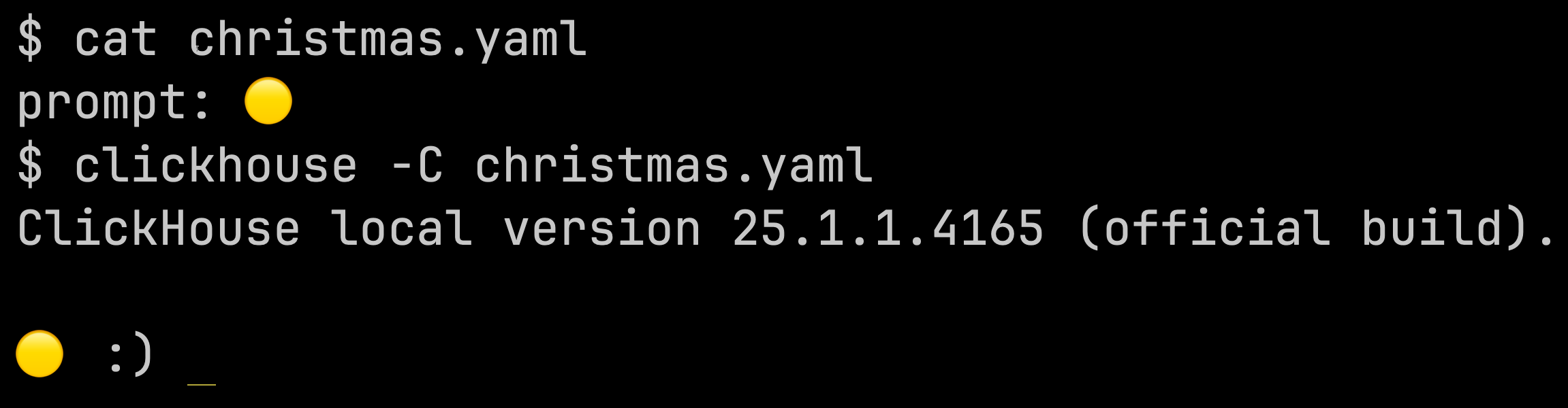 ClickHouse client prompt with yellow circle emoji